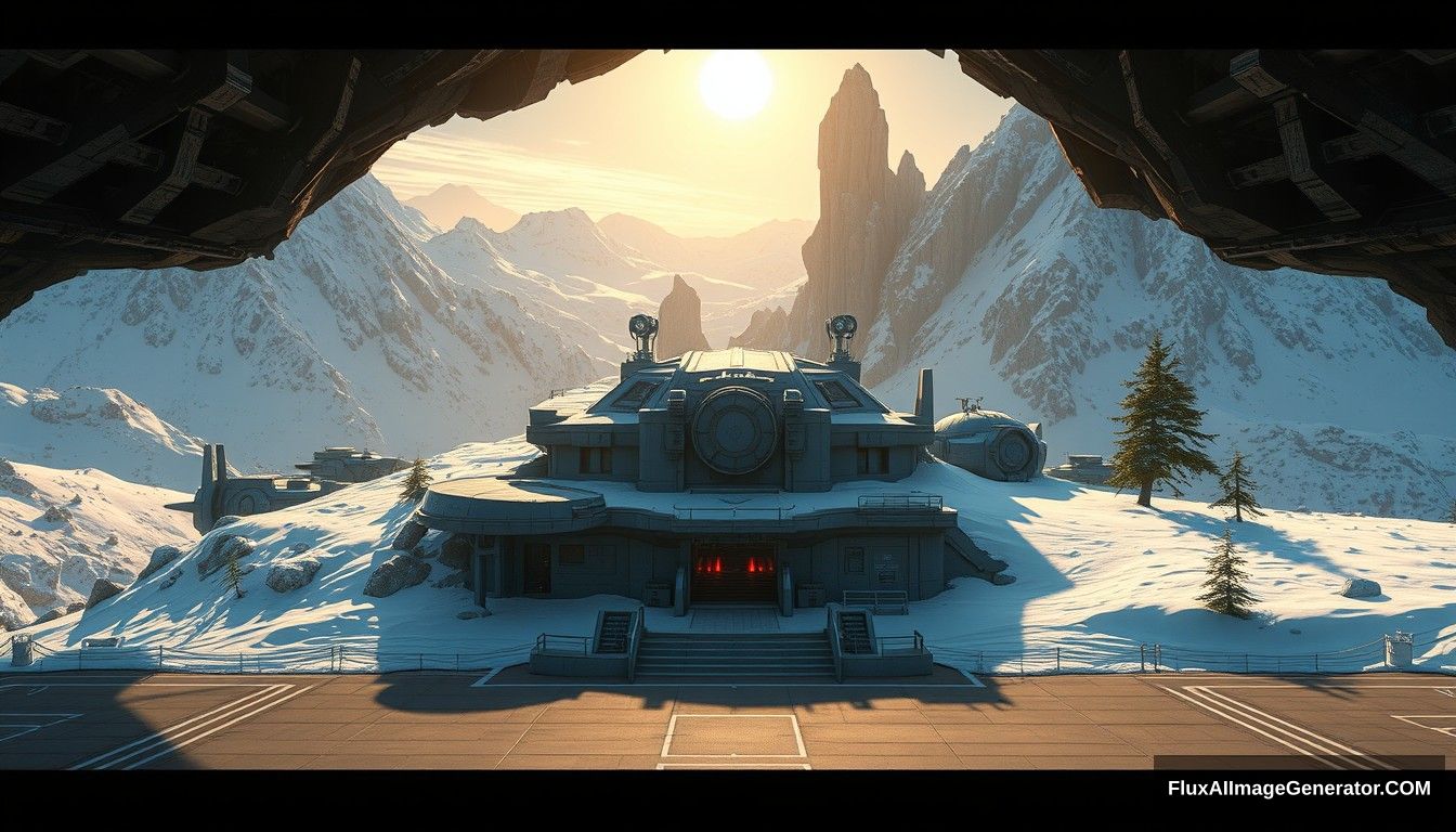 Cel shaded art, wide shot, a sci-fi center on the top of a snow mountain, open air, close look, cyberpunk, military base, Star Wars style, indoor, patio, morning, sunlight, fortress, mountain, rock, snow, tarmac, parking apron, cave, tree, landing field. - Image