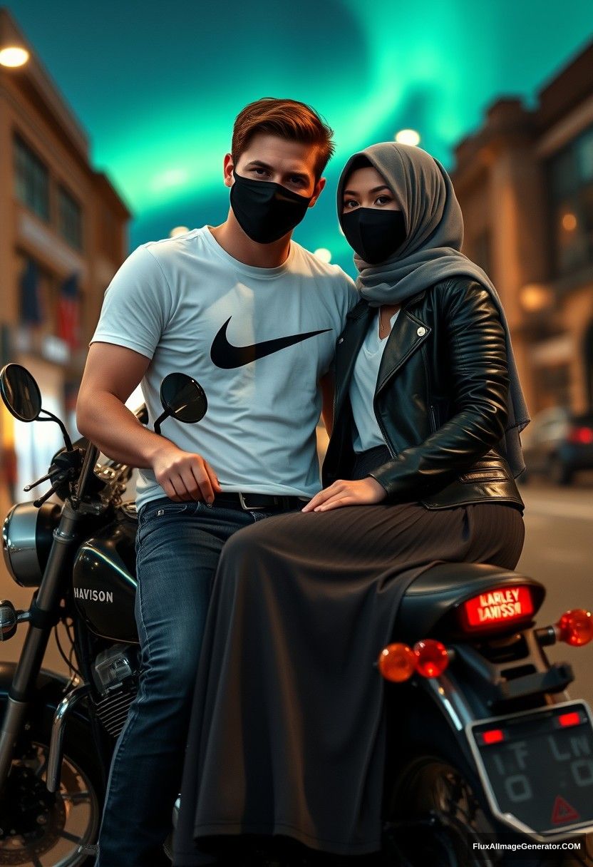 Jamie Dornan, tall, young, black face mask, white Nike t-shirt, jeans,

dating romantically with a grey hijab-wearing Muslim girl, beautiful eyes, black face mask, leather jacket, very long and big skirt, not a tall girl,

sitting on a motorcycle for photography, Harley Davidson model, in town, photorealistic, street photography, night scenery, aurora borealis. - Image