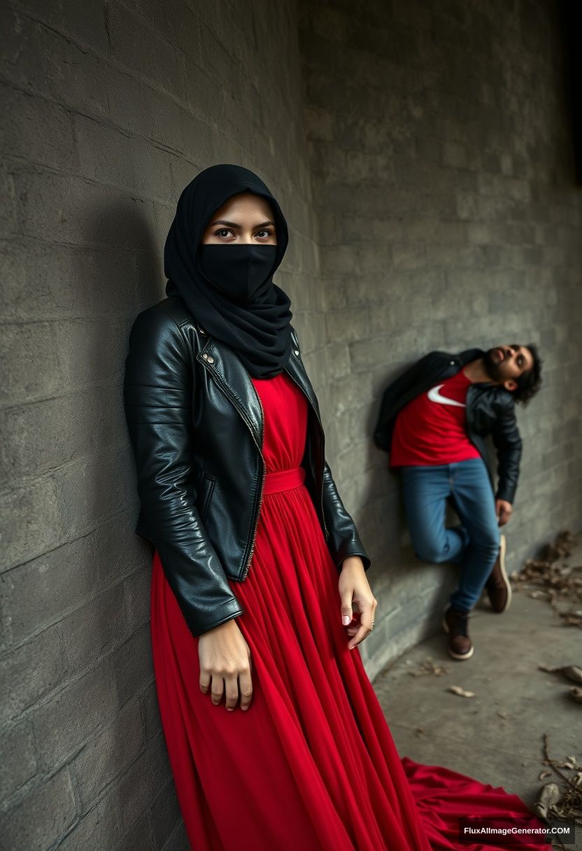 A biggest black hijab girl, beautiful eyes, face mask black, black leather jacket, biggest red longest dress, untall, standing near him,

Jamie Dornan, handsome, youngest, face mask black, fit and tough body, Nike red t-shirt, black leather jacket, jeans, tall man, laying at wall,

Hyper realistic, photorealistic, studio photography, Victoria's abandoned castle, gloomy.