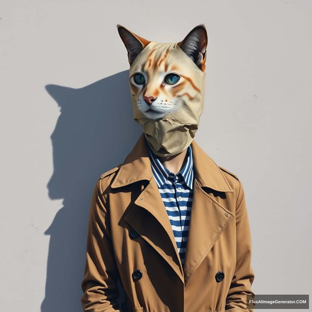 Surrealism, street art mural of a woman wearing a beige trench coat with a cat head by St-Sub / her face is covered in a paper bag with holes and the top part of her nose sticking out from inside it, surreal portrait, portrait of a young female detective in a brown jacket and a blue striped shirt underneath, large shadow on the wall behind the subject, flat background, muted pastel colors, simple shapes, exaggerated features, playful use of texture, simplified color blocks, graphic design, flat illustration, minimalism, pop culture. - Image