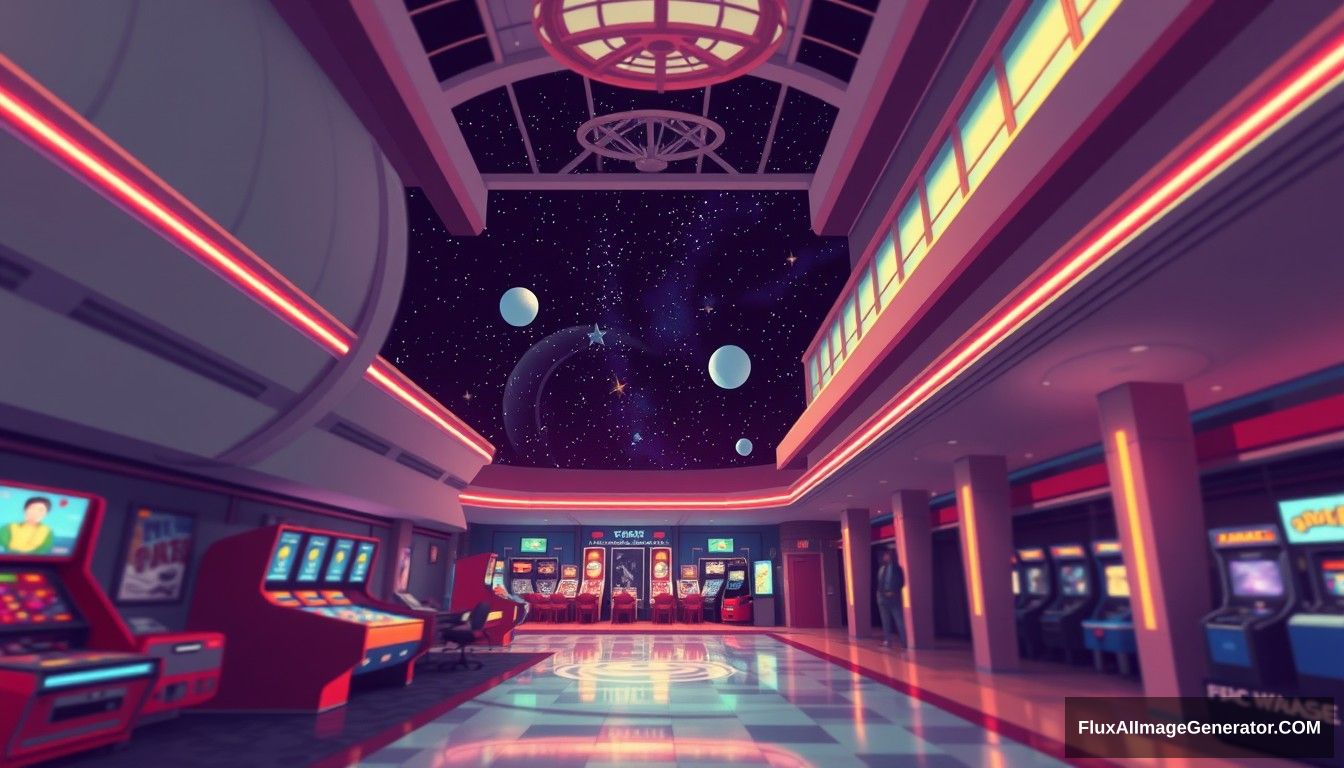 cel shaded art, wide shot, from above, dutch angle, from side, perspective, intense angle, depth of field space, universe, space station, lobby, sunlight, retro, 70s, indoor, night, star, neon, warm light, game room, entertainment, glass ceiling.