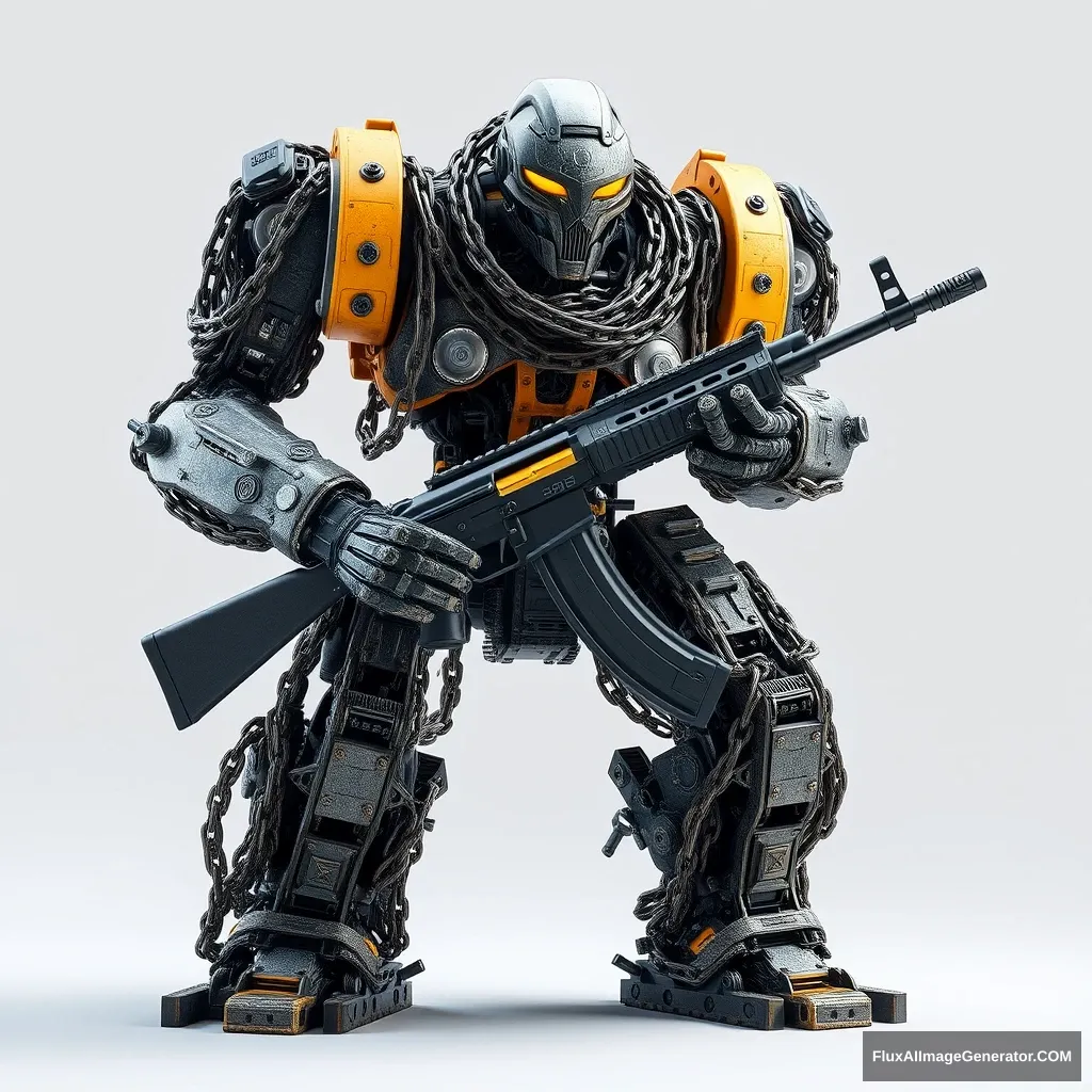 A large robot assembled from motorcycle chains, holding a new AK47. - Image