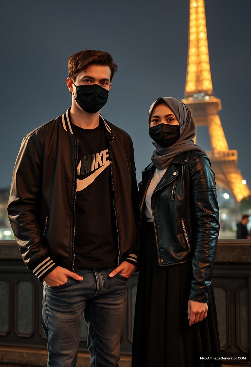 Jamie Dornan, young, black face mask, collage jacket, Nike t-shirt, jeans, tall man, fit body,  

Dating, love with the biggest grey hijab Muslim girl, beautiful eyes, black face mask, leather jacket, largest longest skirt, cute short girl,  

standing near the Eiffel Tower, night scenery, hyper-realistic, photorealistic, street photography. - Image