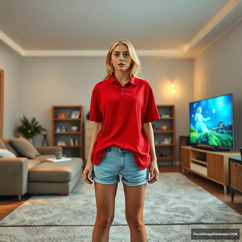 Front view of a young blonde skinny woman who is in her early twenties in her massive living room, wearing an oversized red polo T-shirt that is slightly off-balance on one shoulder, with the bottom part untucked. She is also wearing light blue denim shorts and has no shoes or socks on. Facing her TV with a shocked expression, she dives into the magical TV. - Image