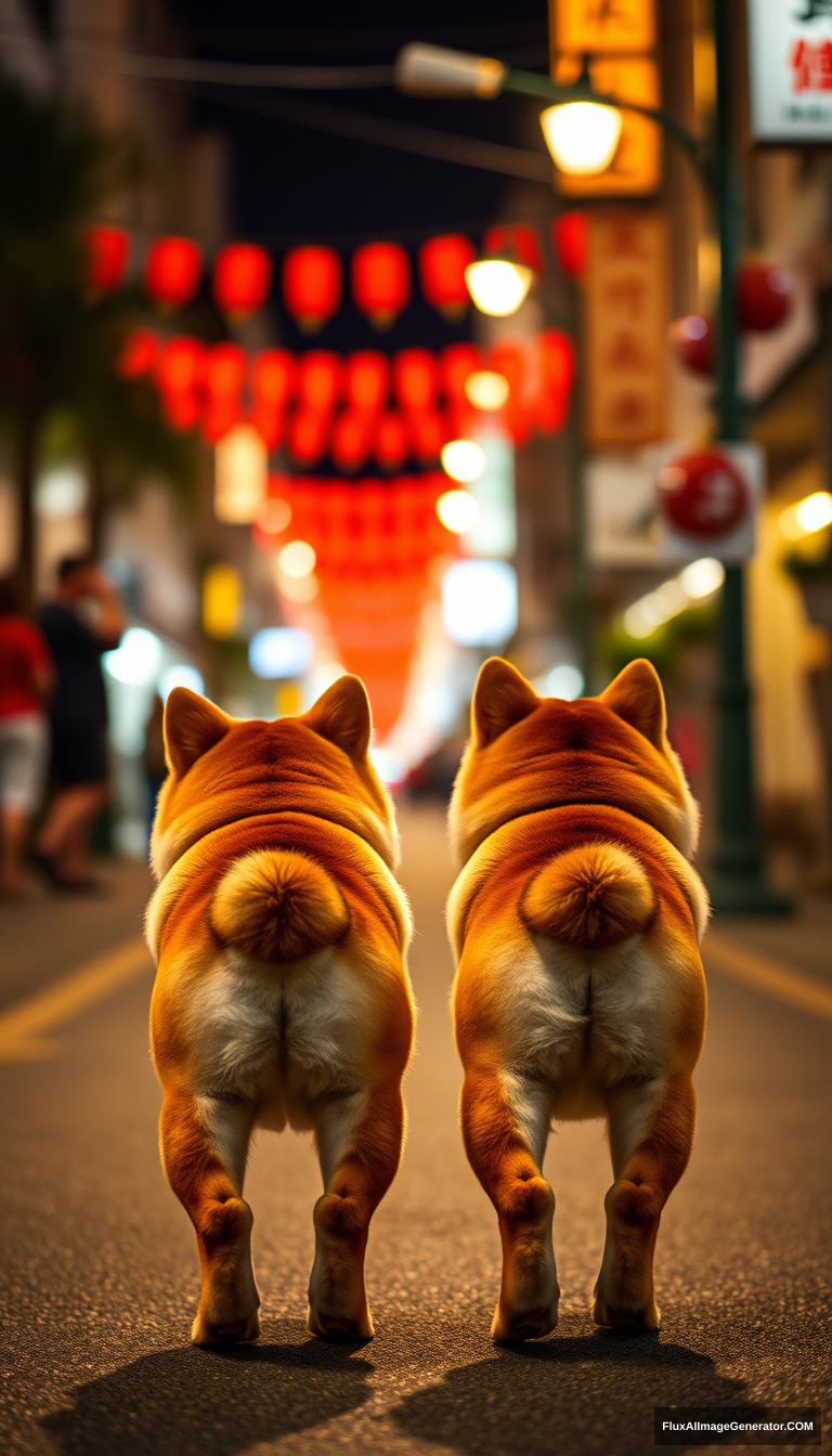 Two little Shiba Inus are walking down the brightly lit street at night, with their backs to the audience. - Image