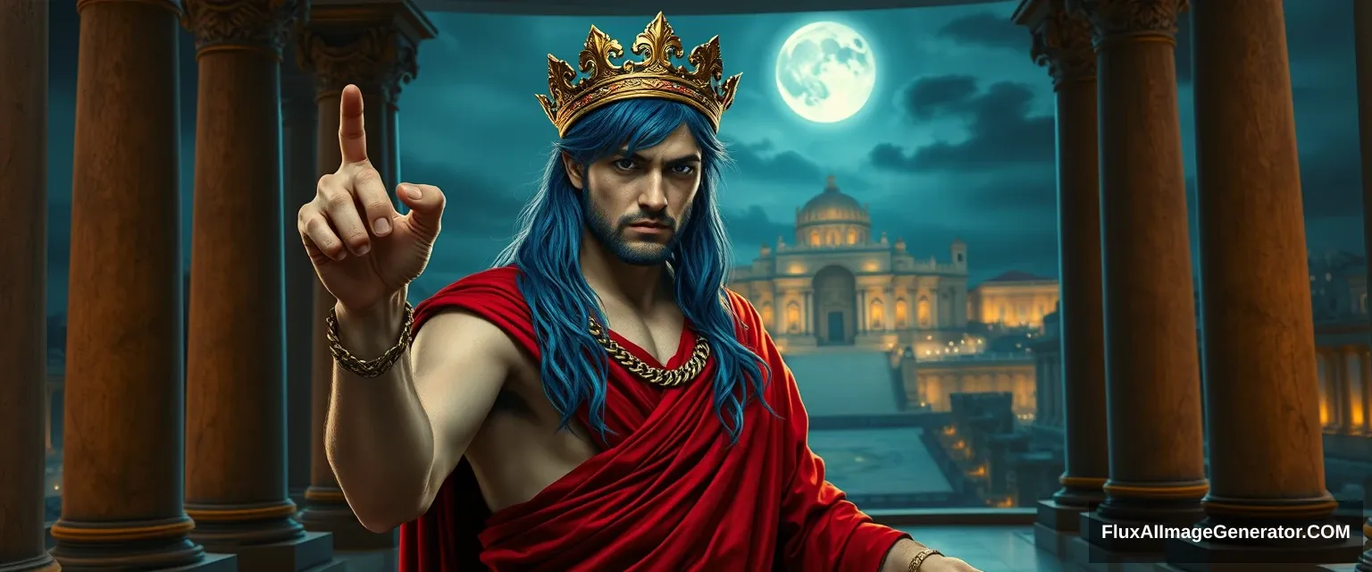 Young evil Roman emperor, dressed in a red toga, with long blue hair, no beard, and a golden crown shaped like a laurel. He has a power-holding pose with one hand supine and grasping. The room he is in is in ancient Roman imperial style, with huge pillars and a large view of the ancient city at night. Realistic style, good anatomy, masterpiece, shaved, long hair, no beard.