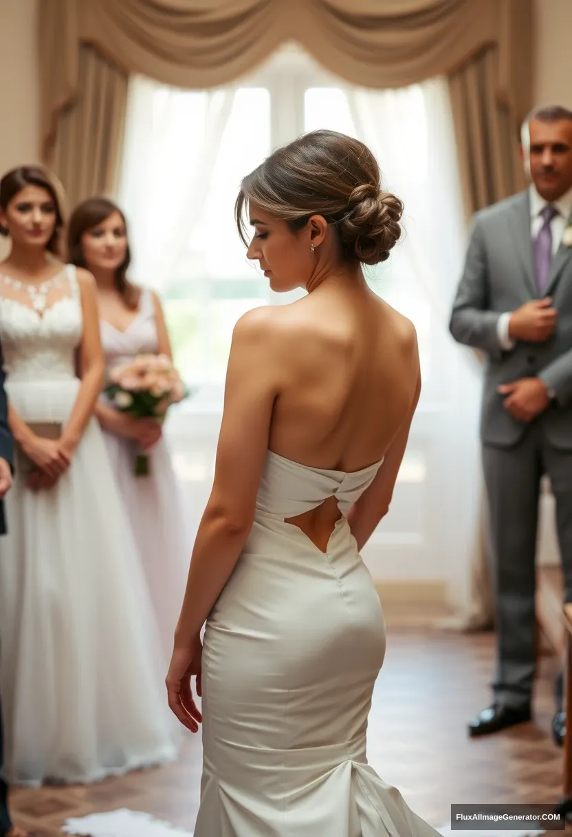 A short young woman, sensitive, delicate, ashamed, wearing an off-shoulder backless strapless side-less low-waisted open-back contouring wedding dress that's starting to come undone, in front of elder patriarchy, expectations, anticipation.