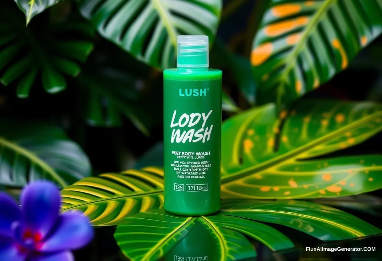 Body wash by LUSH, exotic background.