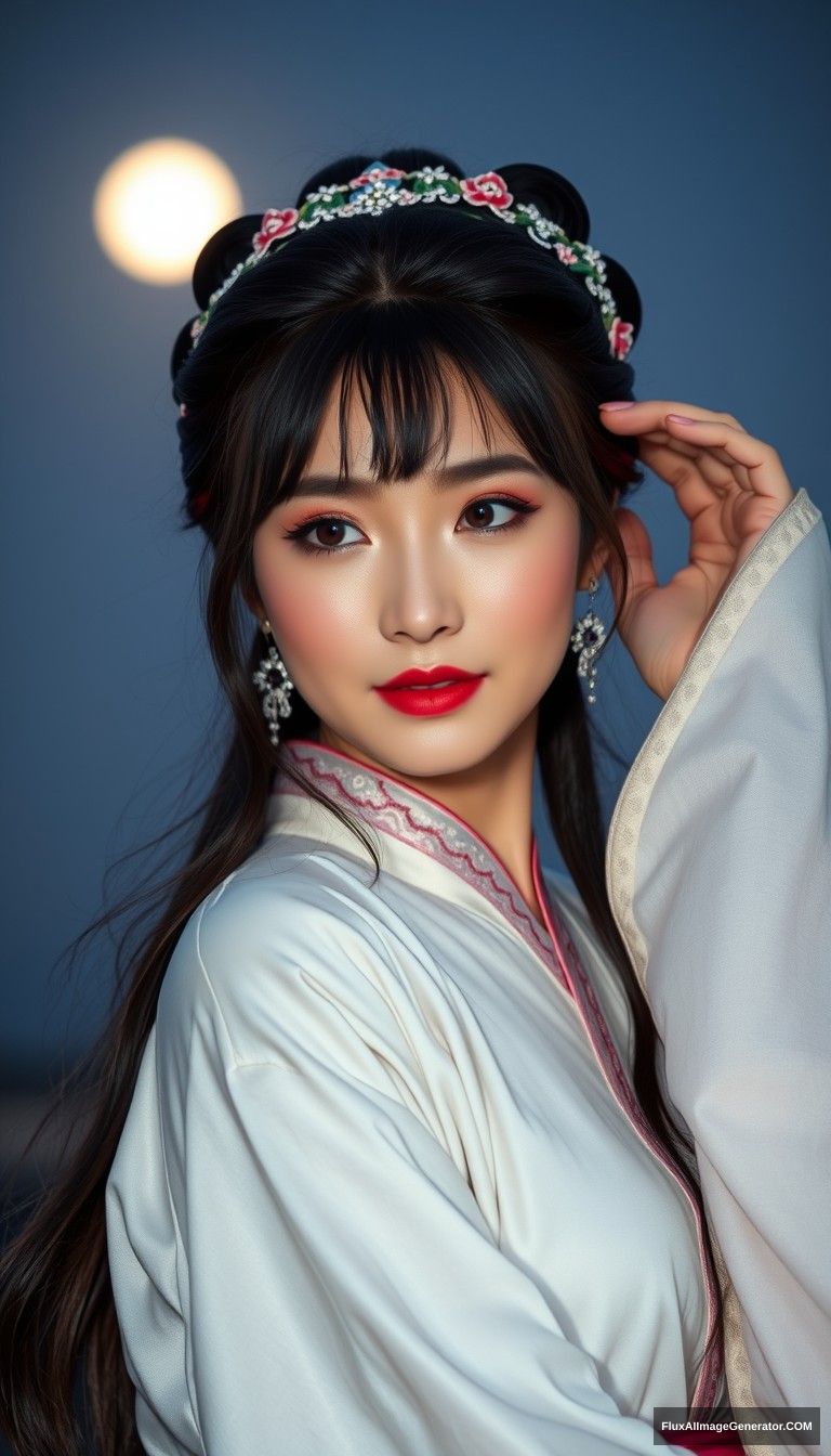 A captivating close-up capturing a beloved Chinese celebrity in varied Hanfu styles, emphasizing her captivating allure in different poses. The scene should be under a clear night sky, with the moon casting gentle light. Created using: natural style, clear moonlit night, multiple Hanfu poses.