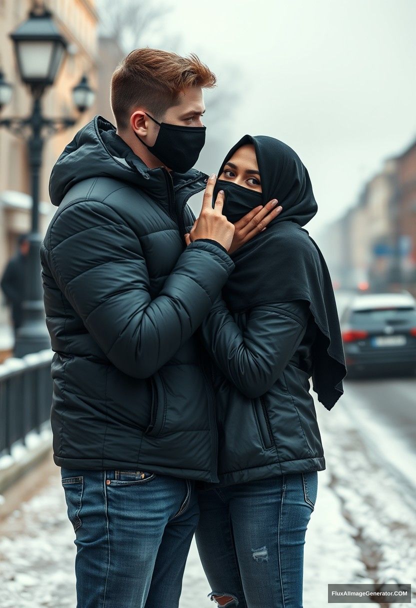 Jamie Dornan, handsome, young, black face mask, snow jacket, jeans, dating a beautiful Muslim girl in a big black hijab with beautiful eyes, black face mask, black leather jacket, winter scenery, standing together near the road in town, pinching each other's cheeks, photorealistic, street photography.