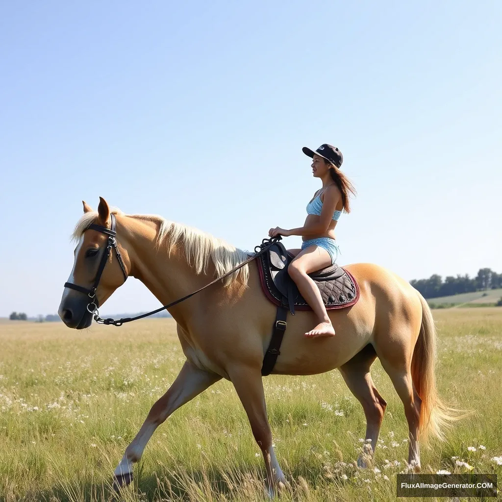 "Create a photo: A girl is wearing swimwear and riding a horse across a meadow." - Image