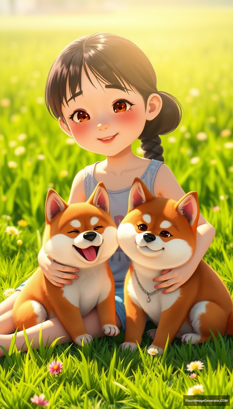 A young Asian girl and a baby Shiba Inu are sitting in the garden basking in the sun, with the spring sunlight shining on her. Behind them is a green field, in Pixar style.