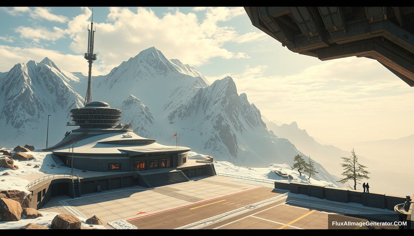 Cel shaded art, wide shot, a sci-fi center on the top of a snow mountain, open air, close look, cyberpunk, military base, Star Wars style, indoor, patio, morning, sunlight, fortress, mountain, rock, snow, tarmac, parking apron, cave, tree, landing field, cliff.