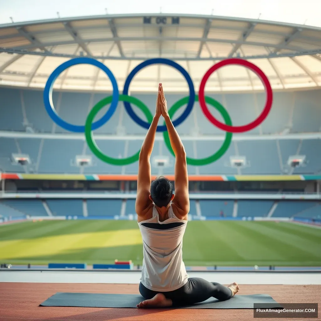 "A player practicing yoga in a stadium adorned with the Olympic rings as yoga becomes an Olympic sport." - Image