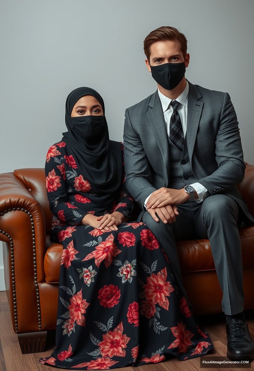 A biggest black hijab girl, slim girl, beautiful eyes, face mask black, biggest floral longest dress, sitting on leather single wing sofa,

Jamie Dornan, youngest, grey suit coat, grey pattern tie, black leather sneaker, tall man, face mask black, fit body, sitting near her,

hyper realistic, studio photography.