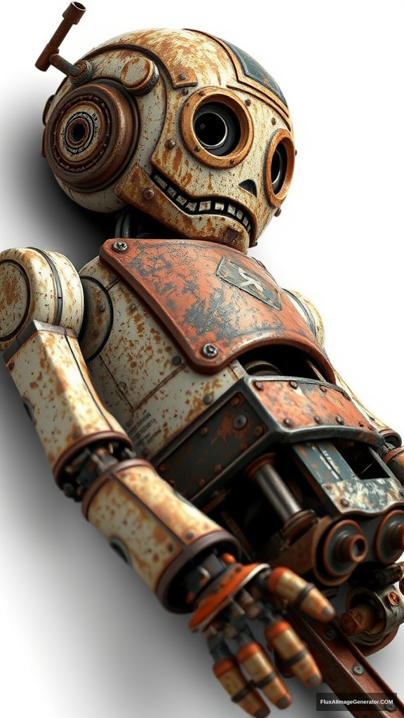 Old rusty robot lying down, his head is down, feeling sad, white background. - Image