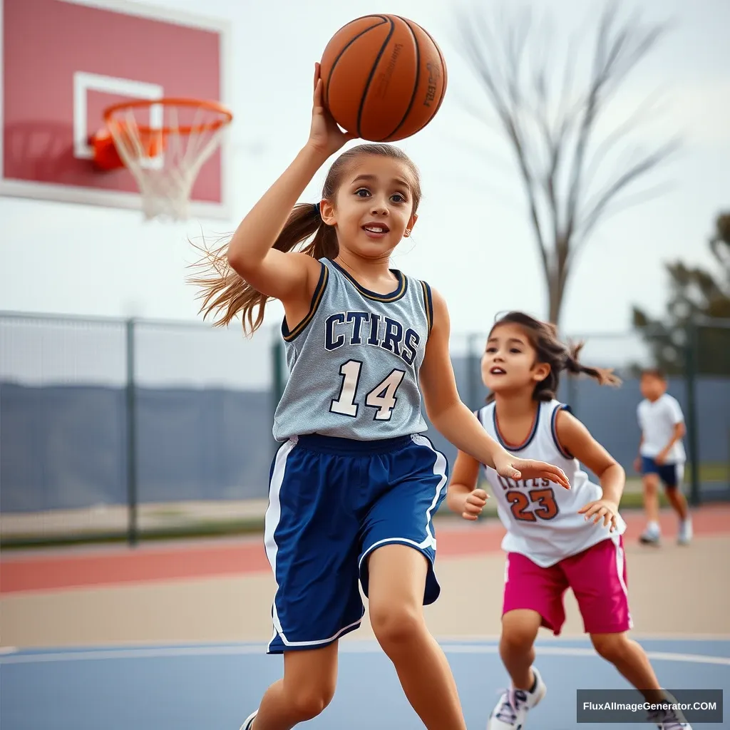 Beautiful female kids play basketball.