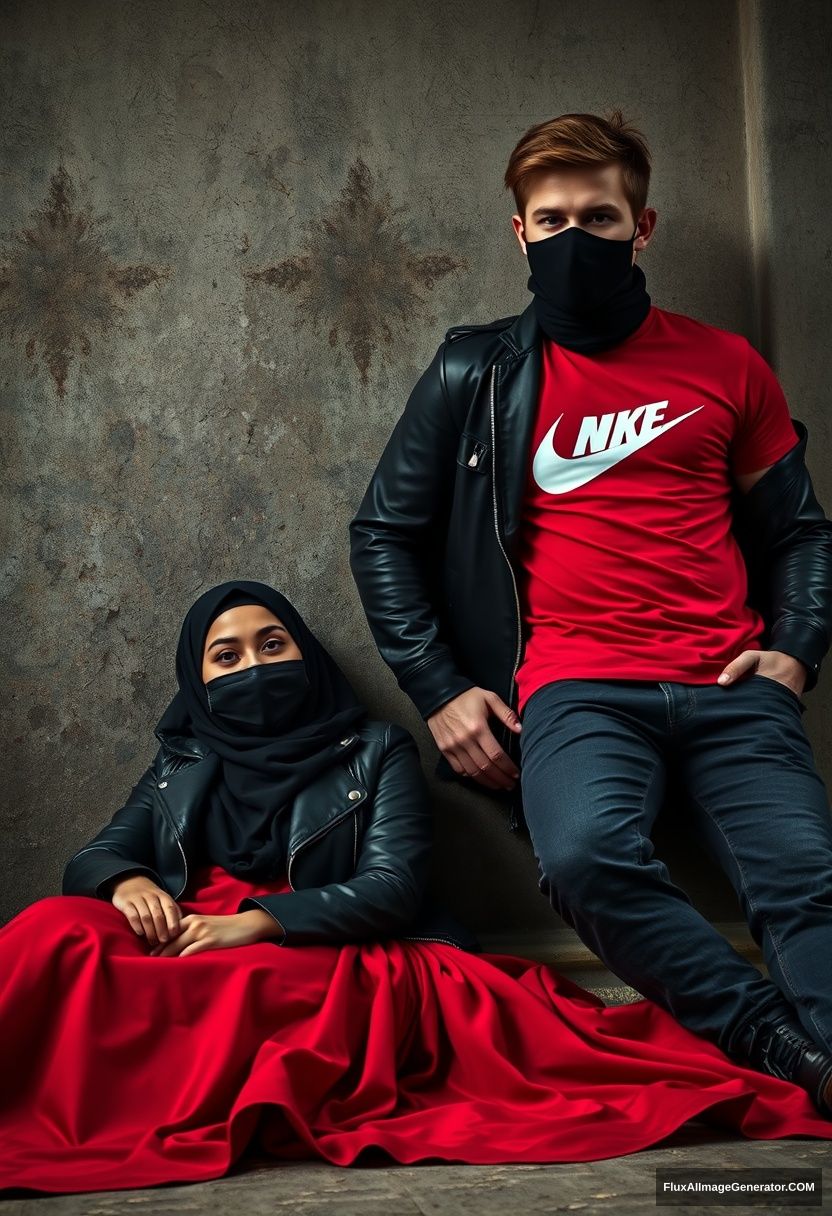 A biggest black hijab girl with beautiful eyes, a black face mask, and a black leather jacket, wearing the biggest and longest red dress, who is not tall, is laying next to him.

Jamie Dornan, handsome, with a black face mask, a fit and tough body, wearing a red Nike t-shirt, a black leather jacket, and jeans, is a tall man leaning against the wall.

Hyper realistic, photorealistic, studio photography, in Victoria's abandoned castle, with a gloomy atmosphere. - Image