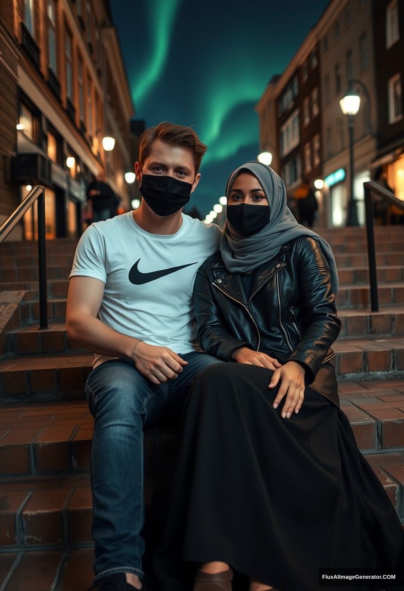 Jamie Dornan, tall and young, wearing a black face mask, a white Nike t-shirt, and jeans, dating a beautiful Muslim girl in a grey hijab with beautiful eyes, wearing a black face mask, a leather jacket, and a very long and big skirt. She is not tall. They are sitting on brick stairs in town, capture in photorealistic street photography style, selfie photos, with a night scenery featuring the aurora borealis.