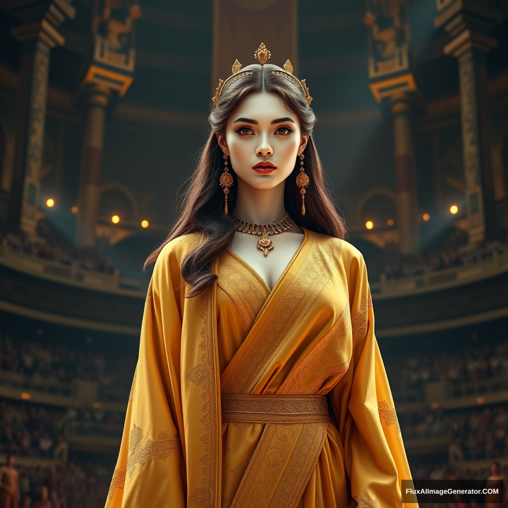 Generate an image of an ancient queen standing majestically in the center of a grand, dimly lit wrestling arena. The queen is a vision of breathtaking beauty and elegance, with a radiant aura that commands attention and respect. Her skin is a porcelain-like pale white, with a subtle sheen that hints at a life of luxury and pampering.

She is adorned in a magnificent ensemble of long, flowing royal robes that cascade down her body like a river of gold. The robes are intricately embroidered with delicate patterns and symbols that reflect her status as a powerful and revered monarch. The fabric is rich and sumptuous, with a subtle texture that catches the light and shimmers like silk.

The queen's facial expression is one of calm confidence and strength, with a hint of fierce determination in her eyes. Her features are finely chiseled, with high cheekbones, a small nose, and full lips that curve into a subtle, enigmatic smile. Her eyes are a deep, piercing brown that seem to bore into the soul, as if daring anyone to challenge her authority.

Her hair is long and luscious, with a rich, dark brown color that falls in loose waves down her back. It is adorned with delicate golden ornaments and jewels that glint and sparkle in the dim light of the arena.

The background of the image is a grand, ancient-style wrestling arena, with towering stone columns and intricately carved stone walls. The air is thick with the scent of sweat and sandalwood, and the atmosphere is electric with anticipation. The crowd is a distant murmur, a sea of faces that blur together in a haze of excitement and expectation.

The lighting in the image is dramatic and moody, with deep shadows and pools of golden light that highlight the queen's majestic presence. The overall mood is one of awe and reverence, as if the viewer is gazing upon a goddess or a legendary heroine.

In terms of style, the image should be rendered in a highly detailed and realistic manner, with a focus on capturing the intricate textures and patterns of the queen's robes and the ancient stone walls of the arena. The color palette should be rich and muted, with a focus on earthy tones and subtle golden accents. The overall effect should be one of breathtaking beauty and majesty, as if the viewer is gazing upon a living, breathing work of art.