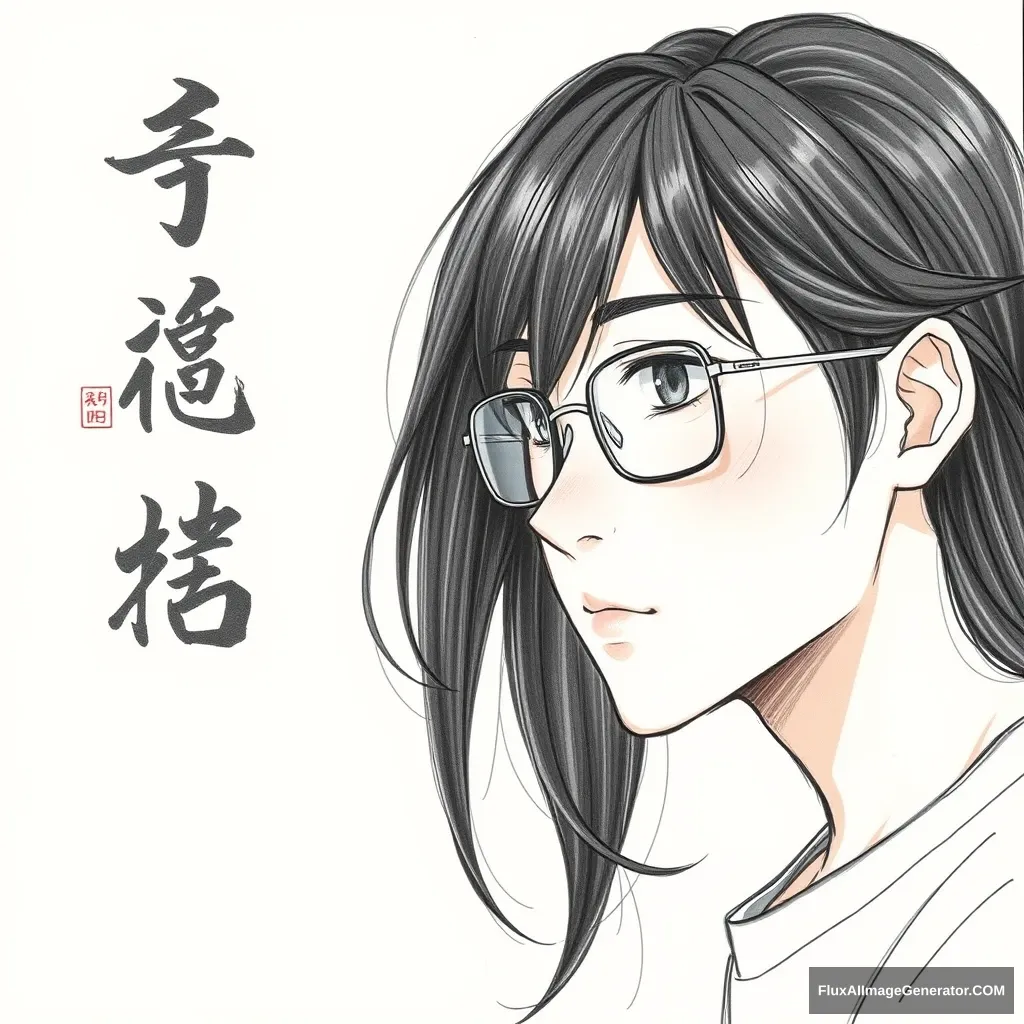 Pencil sketches and Chinese link, black long hair, wear glasses, side, white T-shirt.