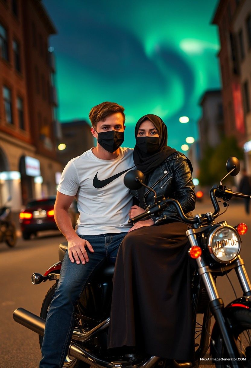 Jamie Dornan, tall, young, wearing a black face mask, a white Nike T-shirt, and jeans, 

dating a romantic Hijab-wearing Muslim girl with beautiful eyes, also wearing a black face mask, a leather jacket, and a very long and wide skirt, who is not tall. 

They are sitting together for a photograph on a Harley Davidson motorcycle, in town, capturing a photorealistic street photography scene at night with an aurora borealis.