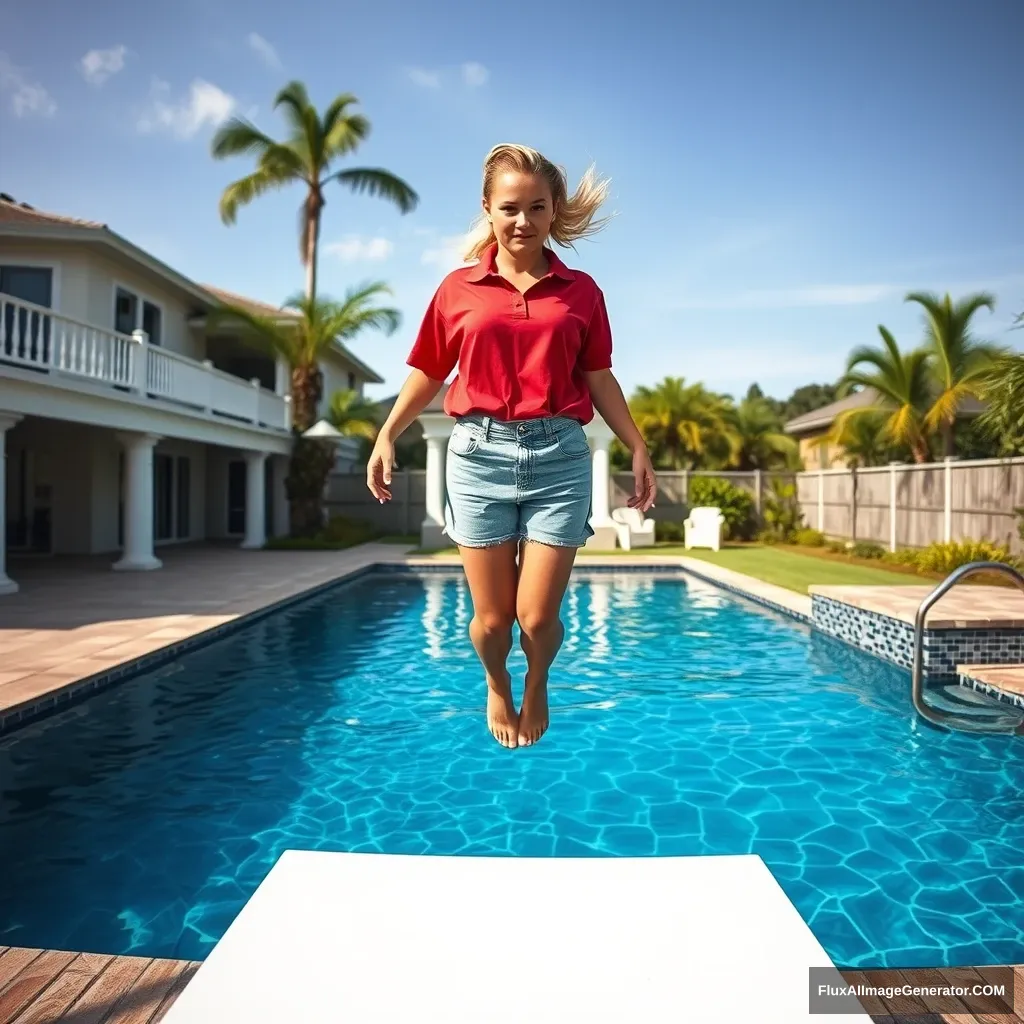 Front view of a young blonde skinny woman in her early twenties, standing in her massive backyard. She is wearing an oversized red polo t-shirt, which is slightly off balance on one shoulder, and the bottom part of her shirt is tucked in on all sides. She is also wearing M-sized light blue denim shorts and has no shoes or socks. She dives into her luxurious pool after jumping off the diving board headfirst, causing her to go upside-down.