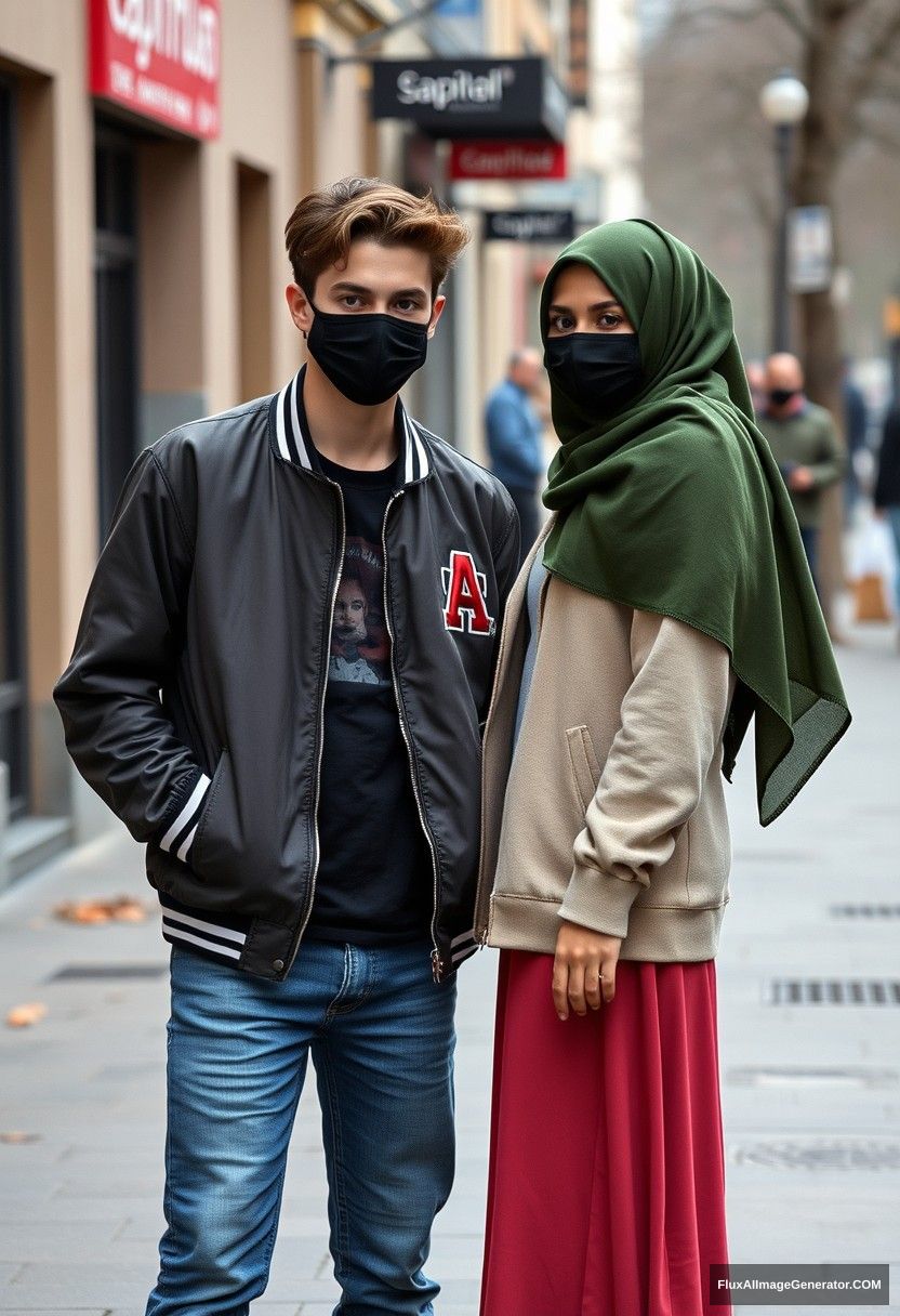 Jamie Dornan, young, black face mask, capital A collage jacket, jeans, red sneakers, dating romantic love with a girl wearing the biggest army green hijab, beautiful eyes, black face mask, college jacket, the biggest longest skirt, not a tall girl, photorealistic realistic, street photography, full photography.