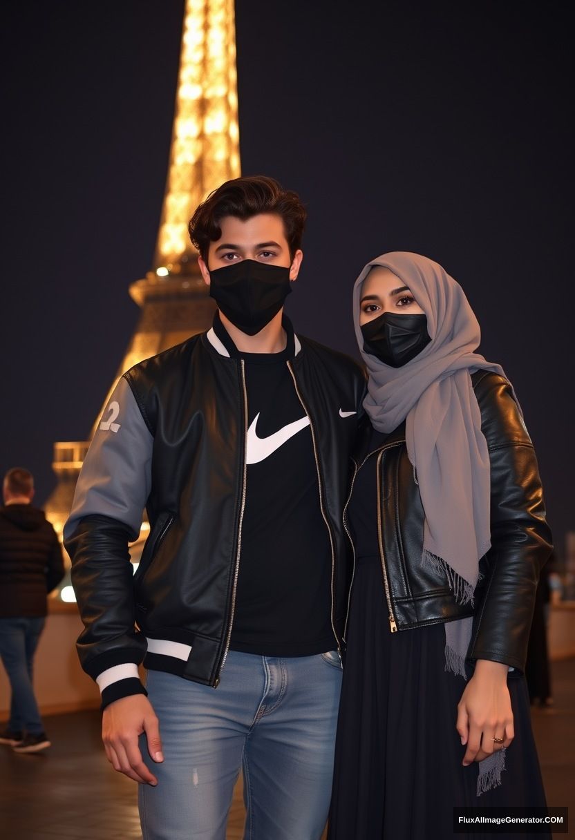 Jamie Dornan, youngest, black face mask, collage jacket, Nike t-shirt, jeans, tall man, fit body,

Dating, love with the biggest grey hijab Muslim girl, beautiful eyes, black face mask, leather jacket, biggest longest skirt, cute not tall girl,

standing near the Eiffel Tower, night scenery, hyper-realistic, photorealistic, street photography. - Image