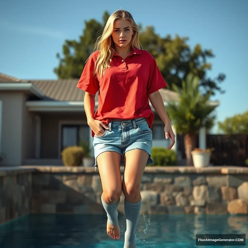 Front view of a young blonde skinny woman who has a good tan is in her early twenties is in her massive backyard wearing a massively oversized red polo t-shirt which is a bit off balance on one of the shoulders and the bottom part of her t-shirt isn't tucked in and she is also wearing half big sized light blue denim shorts and she is wearing grey knee high socks and no shoes, she jumps into the pool and her legs are underwater. - Image