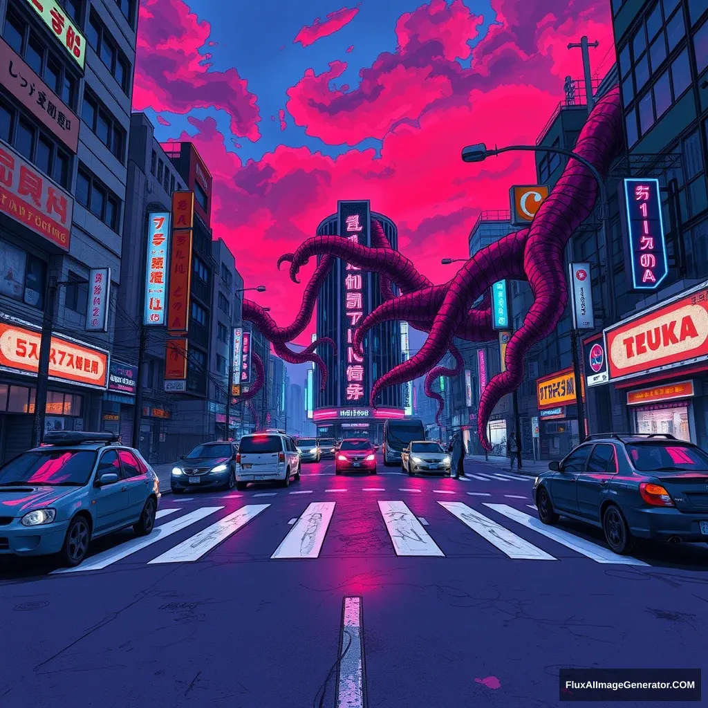 A beautiful game concept design, wide-angle view, Shibuya Crossing, cyberpunk, Tokyo, night scene, crosswalk line, abandoned vehicles, red lycoris from the demon world, blue and purple neon lights, huge vines wrap around the building, sky is dyed red, hand-drawn style. - Image