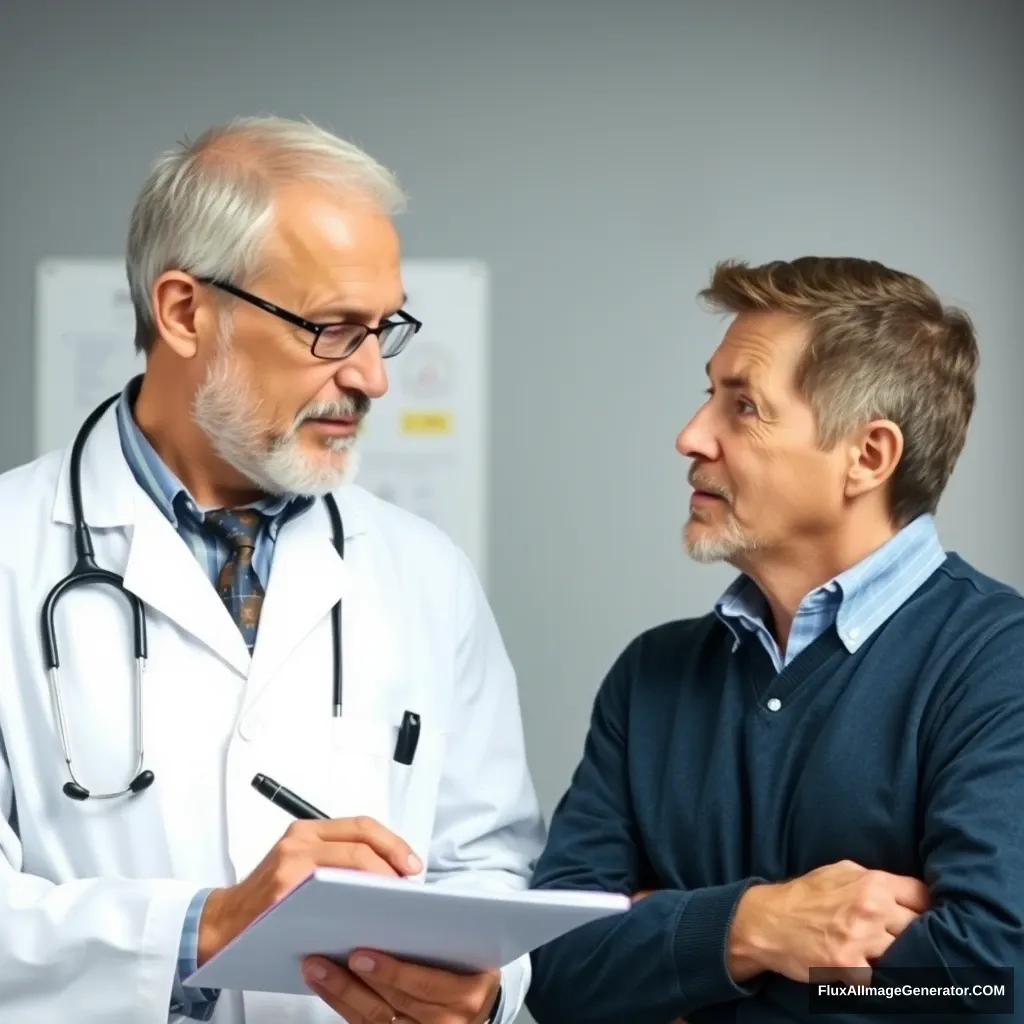 A doctor is taking notes and talking to the middle-aged man next to him. - Image