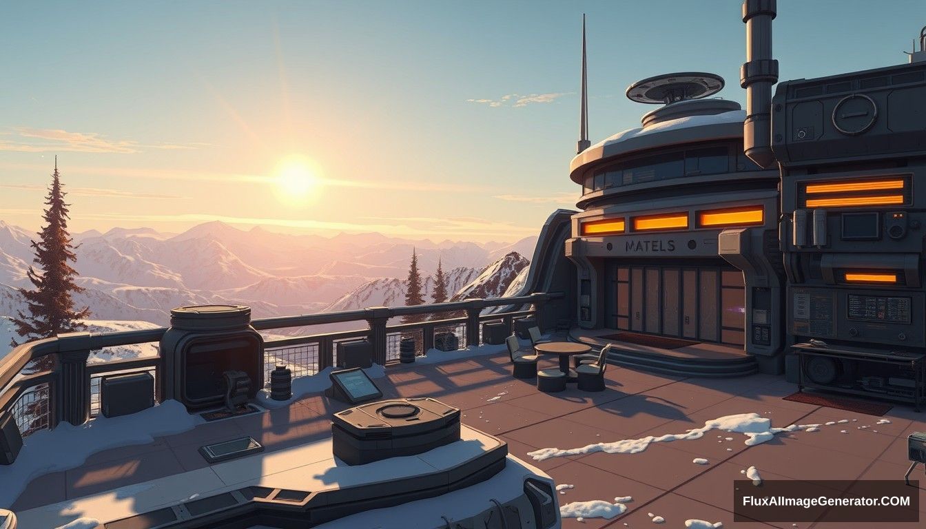 Cel-shaded art, wide shot, a sci-fi center on the top of a snow mountain, open air, close look, cyberpunk, military base, Star Wars style, indoor, patio, morning, sunlight.