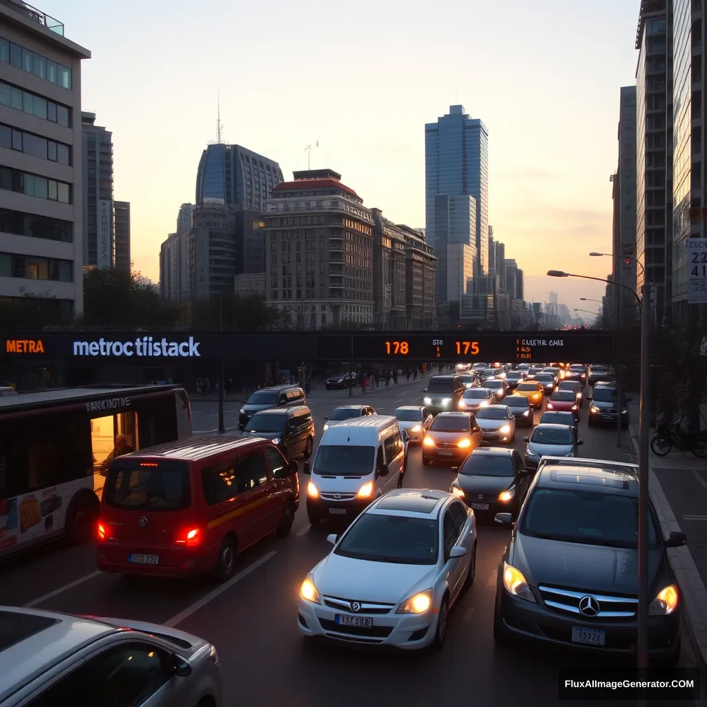 city at dawn, traffic jam, busy people, metro station entrance