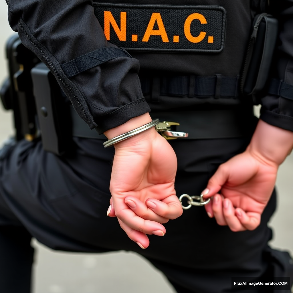 A soldier in black gear with a black and orange inscription N.A.C. is placed in steel handcuffs, a shot of his hands in handcuffs behind his back.