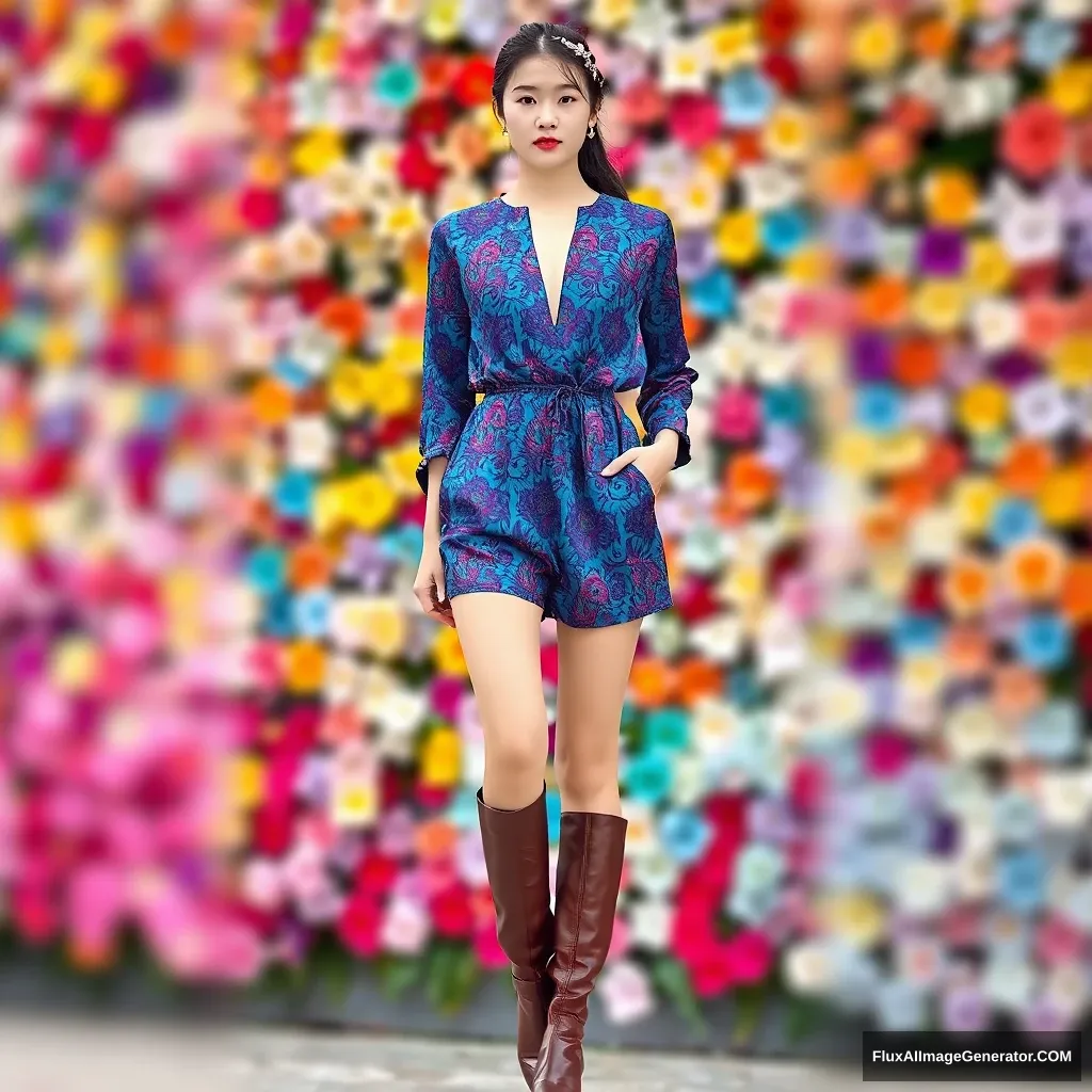 A Korean female fashion model is wearing a jumpsuit styled one-piece (colorful patterned based on blue), leather long boots, with a silver hairpiece. The front of the top is open, set against a colorful flower wall (defocused).