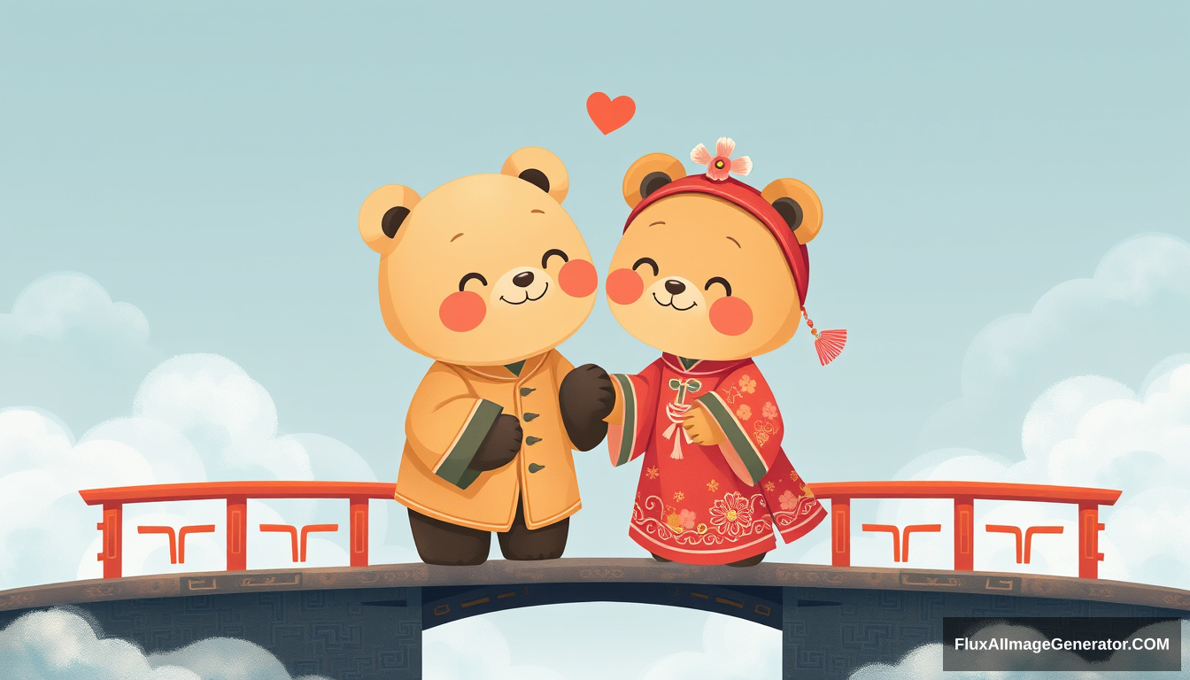 love, traditional Chinese clothing, cute small joyful male bear and female bear meeting on a bridge, clouds, traditional Chinese mythological colors, by Joey Moya, cute, in the style of minimalistic drawings, ultrafine detail, light, bright, creative commons attribution, painted illustrations, serene faces.