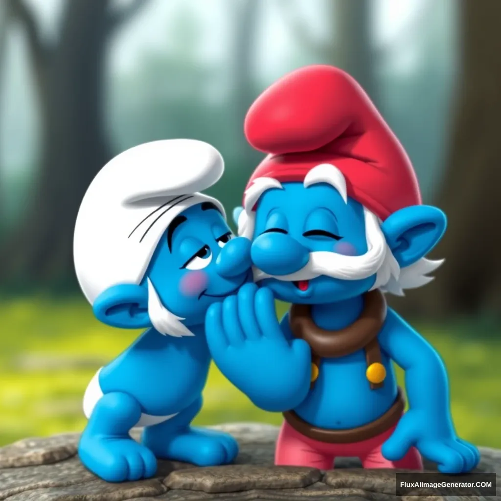 "Create an image where Gargamel gives a little kiss on the cheek to the Smurf."