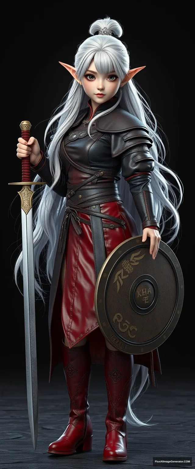 A gorgeous and elegant girl elf (Tousled & platinum colored hair, with a silver hairpiece) is wearing leather armor (Korean traditional clothing style), with the skirt hemline at the back. The pus is on one side of the stain, red leather boots, holding a Korean traditional sword and round shield (written "KHAN"), hyper-realistic photo, unreal engine, front shot.