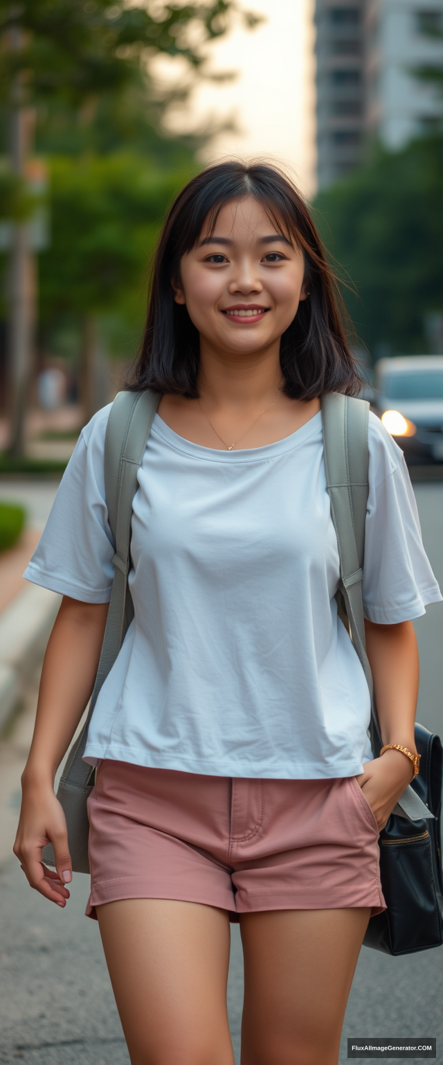 A female high school student is on her way home after school, in the evening, of Asian descent.