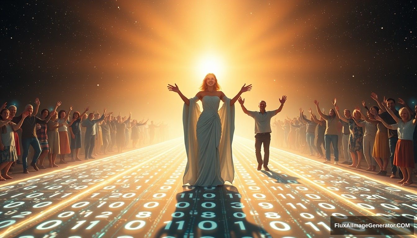 Photorealistic, Instagram-style image featuring a bright and hopeful scene depicting the concept of blockchain and decentralization. The scene is captured from a distant, wide-angle perspective, showcasing its grand scale. In the foreground, a futuristic and sci-fi styled goddess symbolizing blockchain and decentralization leads the people towards a bright future. She stands on a digital road made of glowing lines and various random characters, including 0s and 1s, symbolizing the path of digitalization. Light shines from the front, illuminating the goddess and casting a warm, hopeful glow over the entire scene. She is surrounded by families and individuals of predominantly European descent who are joyous and supportive, reaching out their hands towards the goddess, symbolizing their desire to follow her. The background is filled with elements that evoke a sense of hope and optimism. The overall aesthetic is vibrant and polished, with a modern Instagram filter applied to enhance colors and contrast.