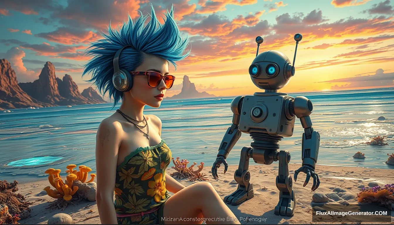 Realistic Photo in the intricate style of Enki Bilal: A scene features a delicious attractive punk girl with electric blue spiky hair; beside a charming retro-futuristic robot in Hawaiian shorts, on a surreal alien beach adorned with iridescent fungi and shimmering lakes, all beneath a vibrant, dreamlike sky. - Image