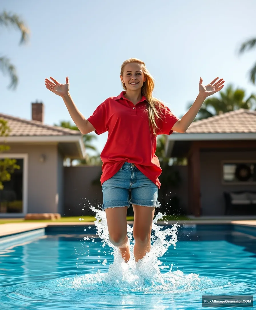 Front view of a young, skinny blonde woman with a good tan in her early twenties, standing in her massive backyard. She is wearing an oversized red polo t-shirt, which is slightly imbalanced on one shoulder, and the bottom part of the t-shirt is untucked. She also has on medium-sized light blue denim shorts and no shoes or socks. She jumps into the pool with her arms straight down, creating a big splash with her legs as she goes underwater. - Image