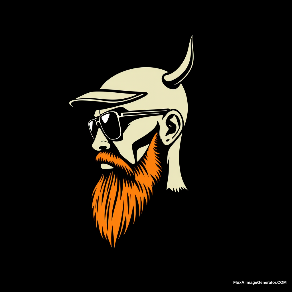 Sleek vector logo design: bald human male, three-quarter view, with demonic horns and short trimmed fiery ginger beard. Minimalist flat cap and aviator glasses. 3D printer layer lines texture. Monochromatic color scheme with bold negative space. Retro-futuristic feel, evoking 1980s cyberpunk aesthetics. - Image