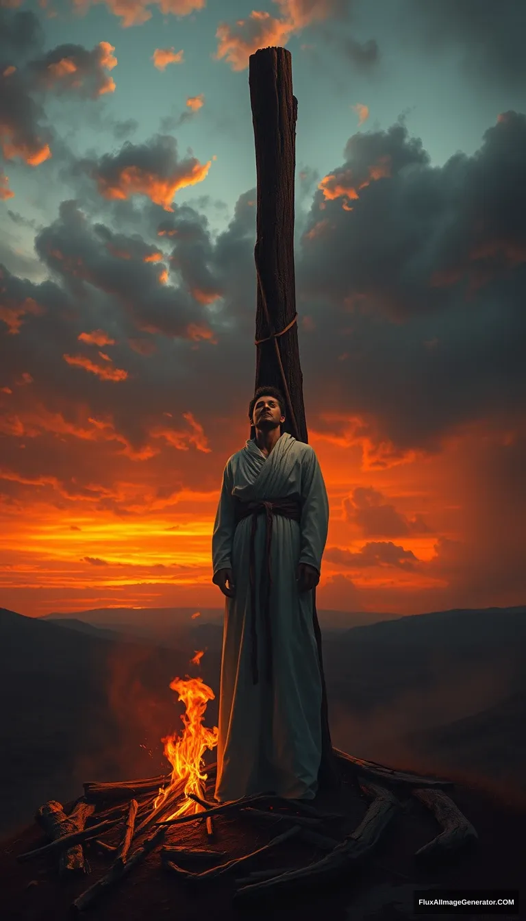 A lone figure, dressed in white robes, is tied to a towering wooden stake on a barren hilltop. The sky is ablaze with an orange and red sunset as flames consume the pyre. The figure's face is turned towards the heavens, expression serene and accepting. Dramatic lighting, cinematic, highly detailed, digital painting. - Image