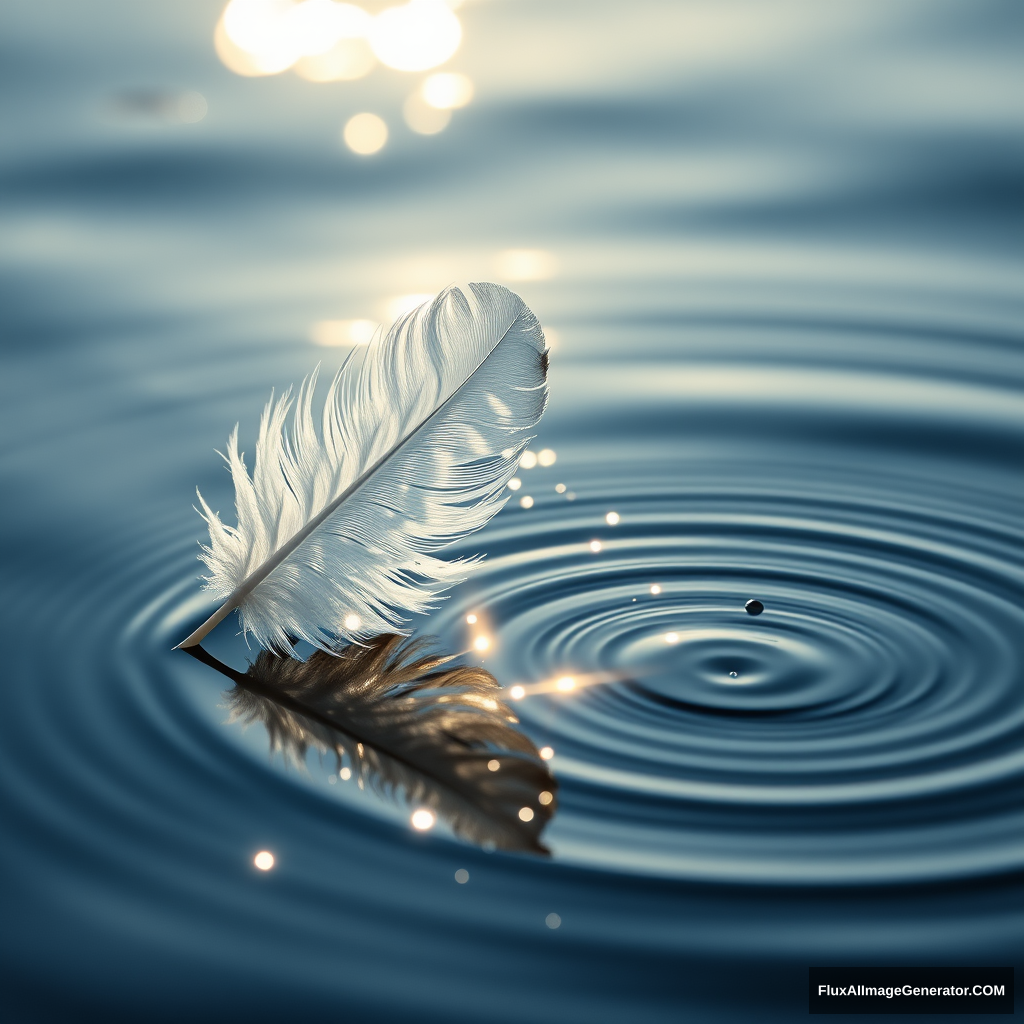 A delicate white feather floated on the water surface, reflecting moonlight and creating an elegant and peaceful atmosphere. The reflection of ripples in calm waters added to its beauty. Soft tones enhanced the tranquility of nature. A close-up shot captured the feather's details against the backdrop of shimmering reflections. This photo was taken with a Canon EOS R5 camera using a macro lens for sharp focus and depth in the style of nature photography.