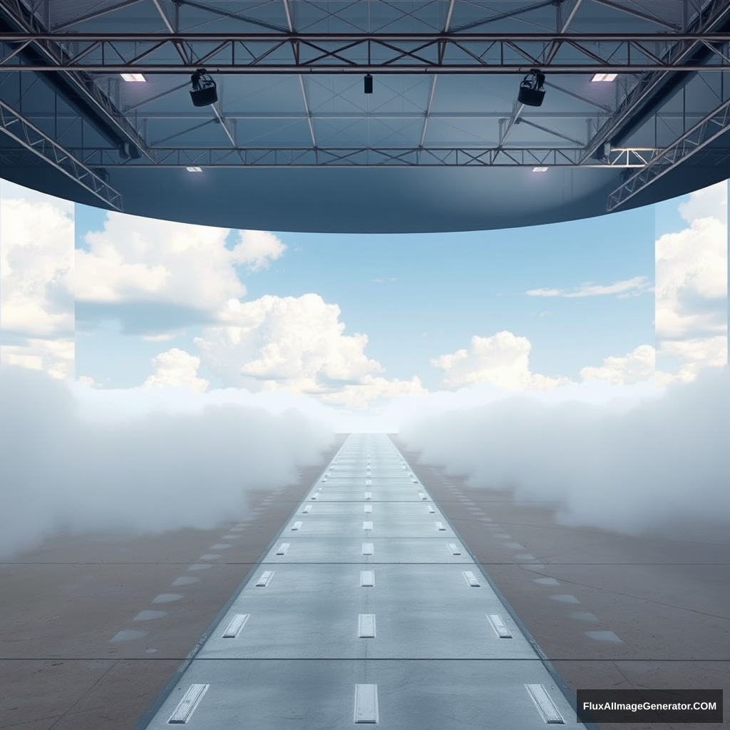 1100 feet tall and 2350 feet wide, a screen displays clouds and sky, with a tiny little runway leading from a vantage point toward the screen. The runway’s vantage point appears larger as it comes to the forefront of the overall image, set on a beach, with a theme reminiscent of the movie 300 or Kanye West's "Blood on the Leaves." Fog fills the sides of the runway, completely occupying all space on both sides with no gaps, making the runway the only visible element on the floor area, though it does not cover the runway itself, only the lateral areas. There are no people in the image, and the overall scene is presented in 4K. The sky is transformed into an all-white wall, resembling a photographer's white room in a vast, endless warehouse space with no ceiling or other walls.