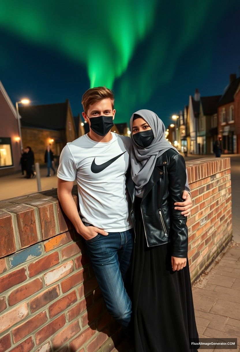 Jamie Dornan, tall, handsome, wearing a black face mask, a white Nike T-shirt, and jeans, dating a beautiful, grey hijab-wearing Muslim girl with striking eyes, also wearing a black face mask, a leather jacket, and a very long and large skirt, who is not tall. They are laying against a brick wall in a town, photorealistic street photography, selfie photos, night scenery, and aurora.