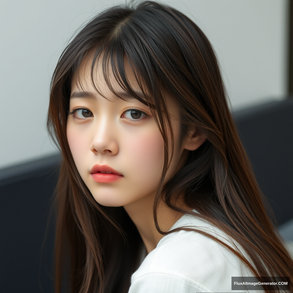 A pretty and cute Korean woman in her 20s with long hair and a sad face. - Image