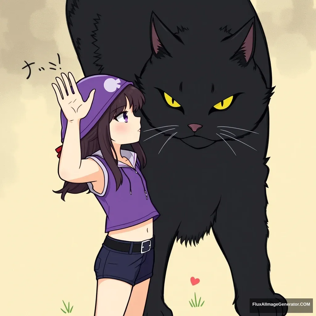 A girl wearing a purple hip-hop style lifted her hand and touched a huge black cat. - Image